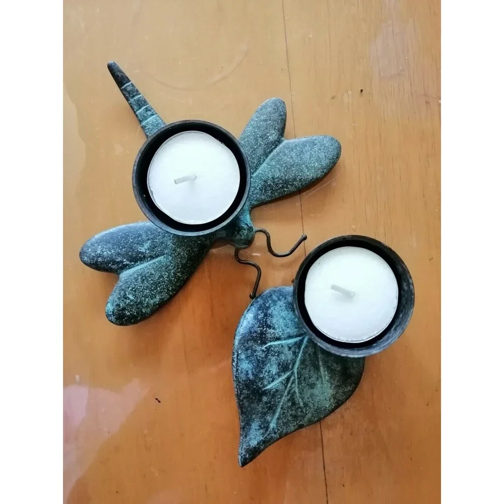 Metal Figurine Dragon Fly & Leaf  Tealight Candle holders Farm House Décor